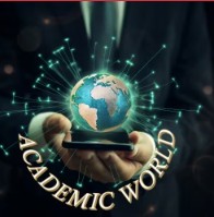 A globe glowing with digital network connections, held in the hands of a person in a suit. The image symbolizes global knowledge exchange and technological advancement. Below the globe, the words 'ACADEMIC WORLD' are prominently displayed, conveying the journal's mission to foster scholarly communication on a global scale